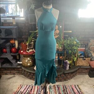 Teal Ruffled Halter High Low Dress